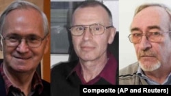 (Left to right) Former State Institute of Organic Synthesis Technology scientists Vil Mirzayanov, Vladimir Uglyov, and Leonid Rink